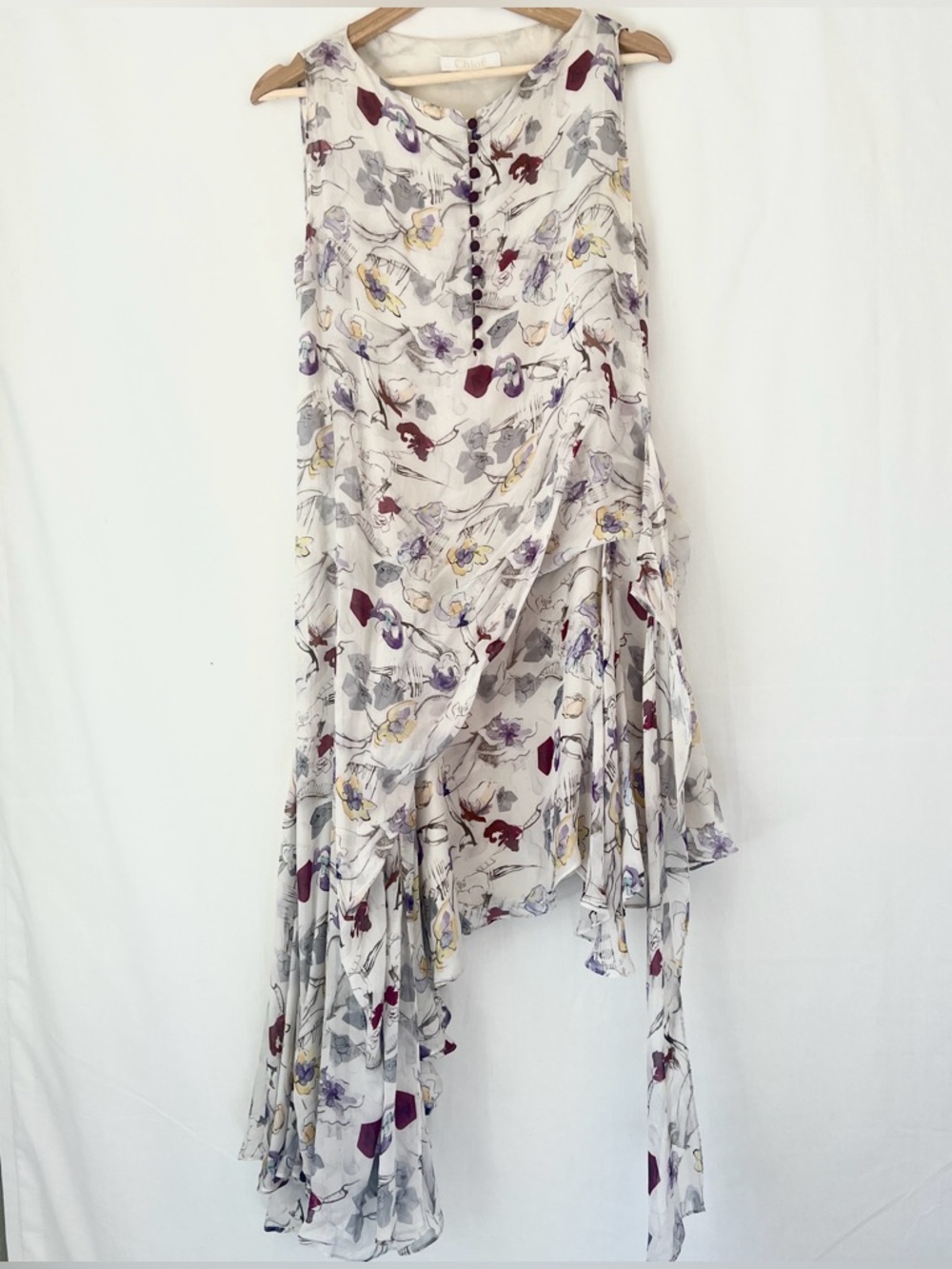 CHLOE Silk Floral Print Asymmetrical Dress button details France 36 US 6